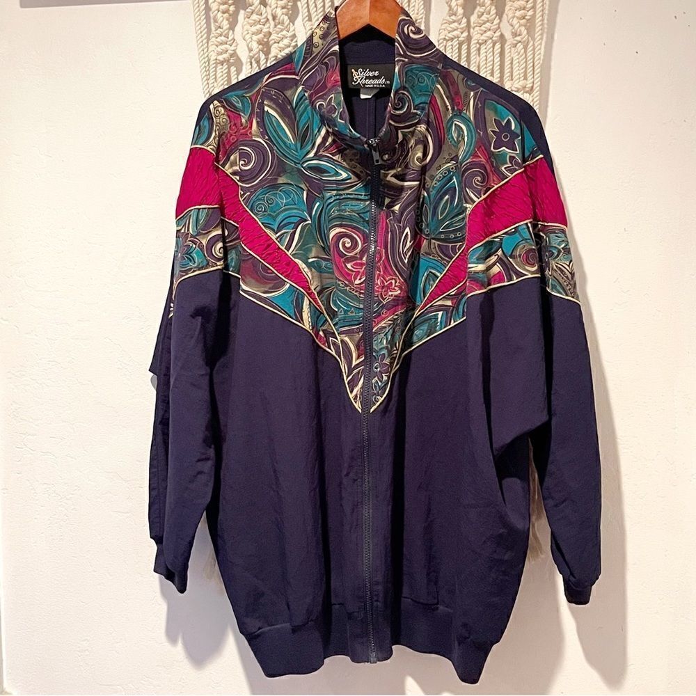 VNTG Silver Threads Windbreaker SZ 1X Dolman Sleeve 1980s Grannycore Grandma